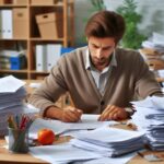 teacher grading papers, with other papers spread all over the place